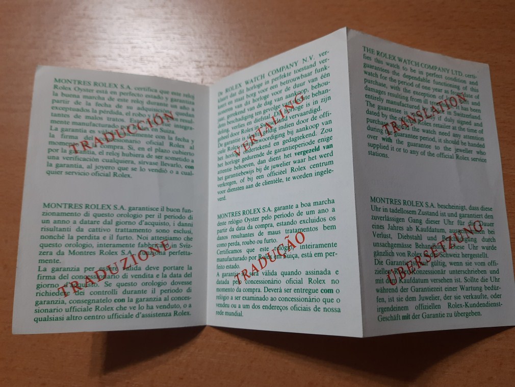 1985 Rolex Translation Guarantee Certificate Booklet paper Document 