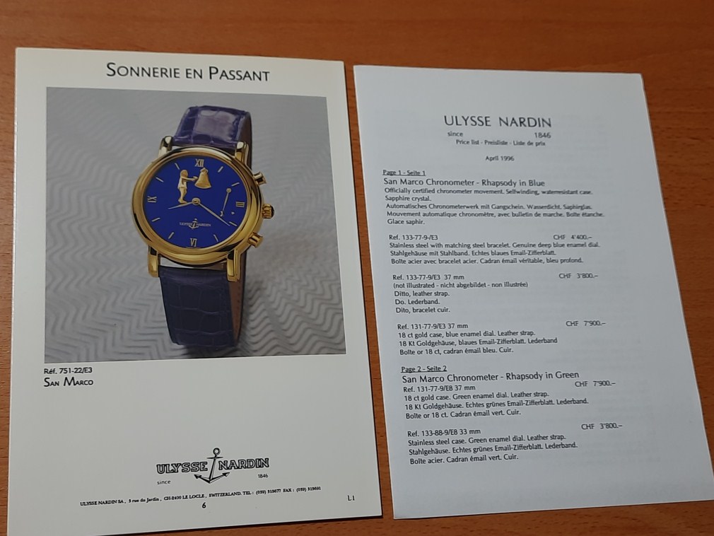1990'S ULYSSE NARDIN BOOKLET / BROCHURE FOR SAN MARCO SERIES WITH PRICE LIST
