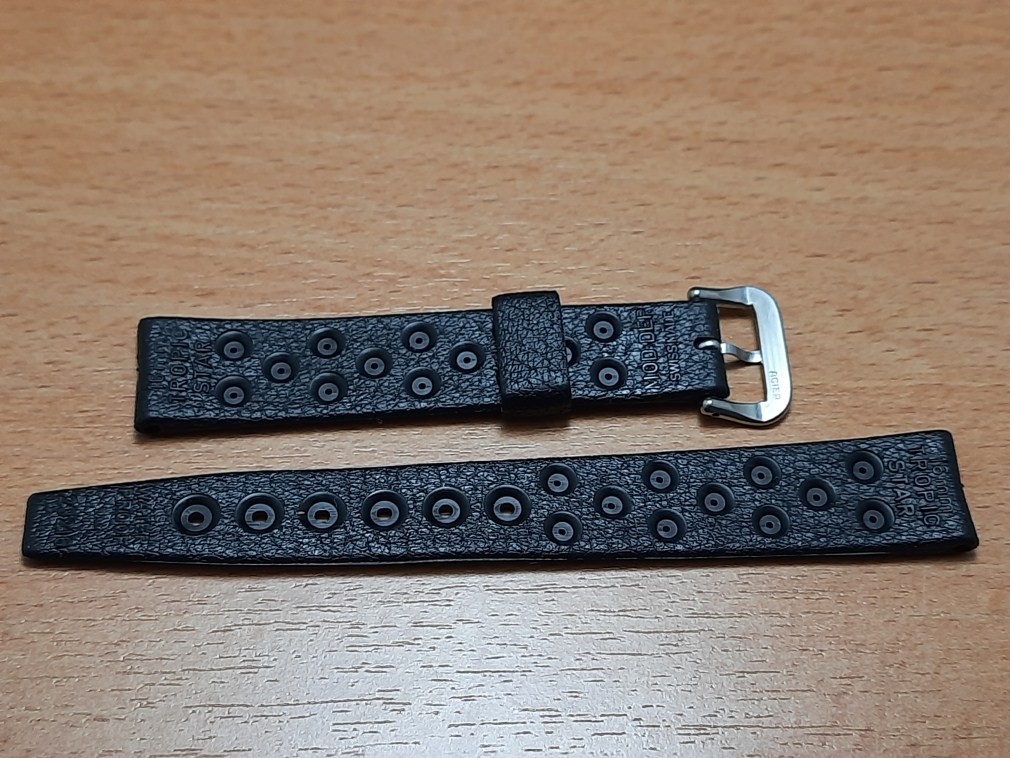 AUTHENTIC 60'S NOS TROPIC 16MM SWISS PERFORATED BLACK RUBBER BAND STRAP