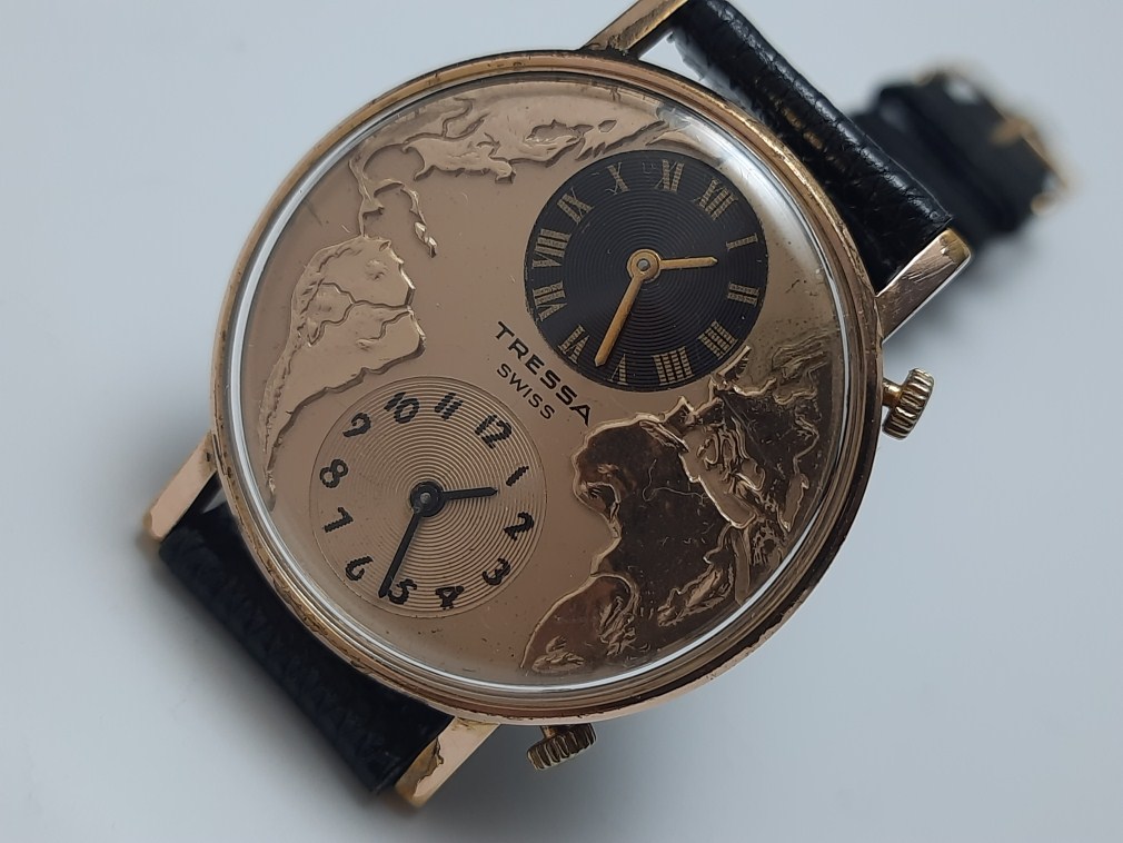 Rare 1970's Tressa Dual Time Zone World Map Dial Manual Swiss Watch