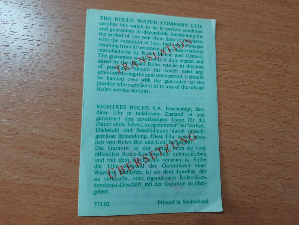 1970's- 80's Rolex Translation Guarantee Certificate Booklet paper Document # 573.02