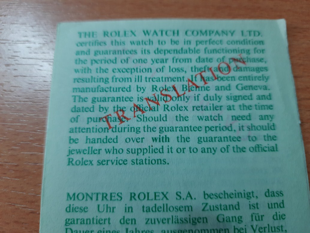 1970's- 80's Rolex Translation Guarantee Certificate Booklet paper Document # 573.02